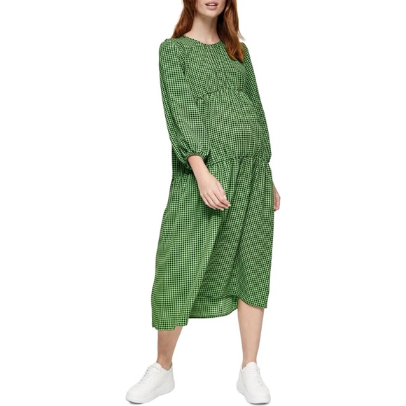 NWT Topshop Gingham Smocked Long Sleeve Maternity Midi Dress Green & Black Sz 4 - Picture 2 of 15